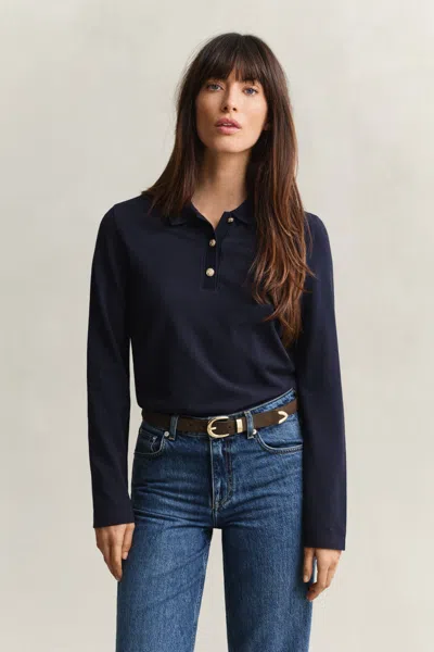 Gant Piqué Polo Long Sleeve Top In Blue