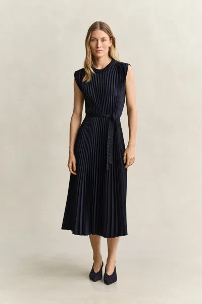 Gant Pleated Belted Dress In Navy