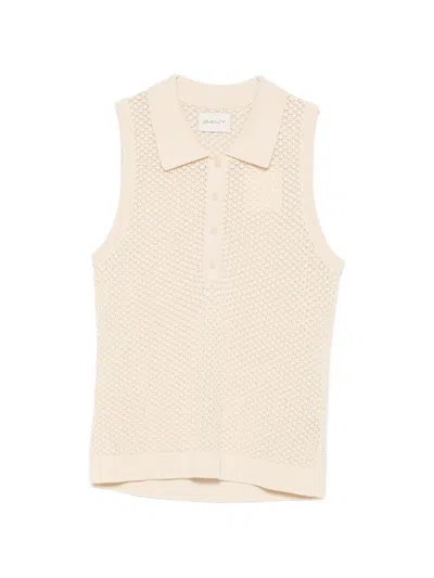 Gant Pointelle-knit Sleeveless Polo Shirt In Neutral
