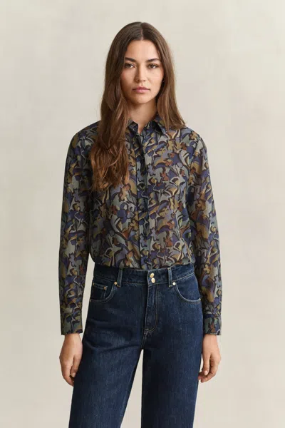 Gant Printed Cotton Silk Shirt In Evening Blue