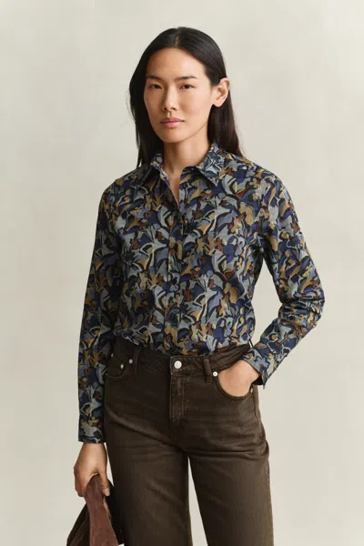 Gant Printed Cotton Voile Shirt In Evening Blue