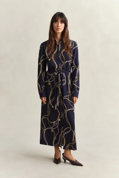 Gant Chain-print Belted Shirt Midi Dress In Blue