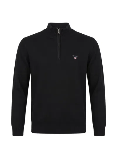 Gant Quarter-zip Logo-embroidered Sweater In Black
