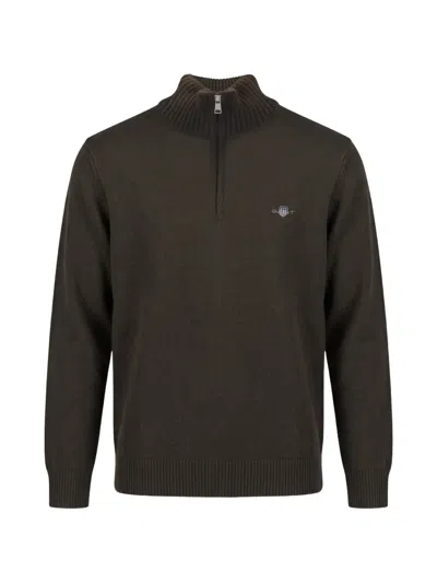 Gant Quarter-zip Logo-embroidered Sweater In Brown