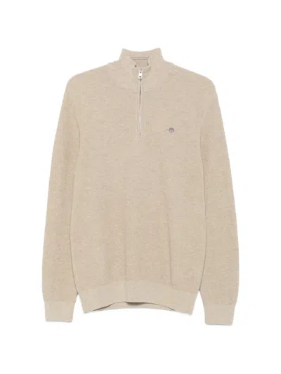 Gant Quarter-zip Logo-embroidered Sweater In Neutral