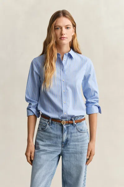 Gant Regular Fit Classic Striped Poplin Shirt In Blue