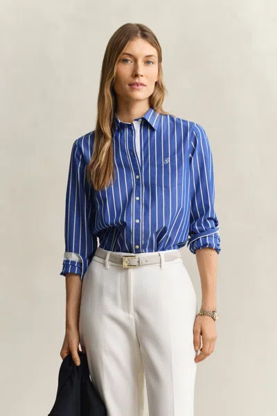 Gant Regular Fit Classic Striped Poplin Shirt In Blue
