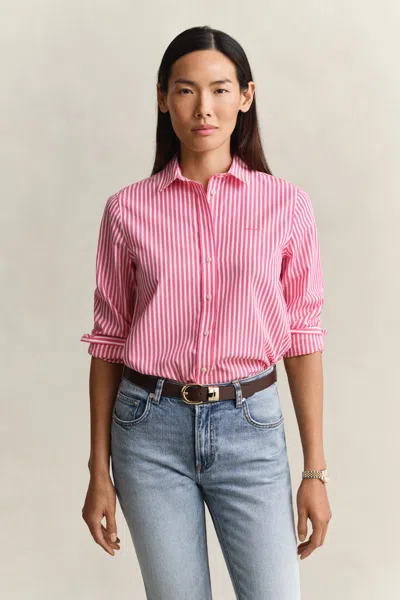 Gant Regular Fit Classic Striped Poplin Shirt In Pink