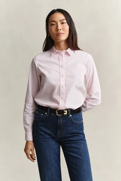 Gant Regular Fit Striped Classic Poplin Shirt In Pink