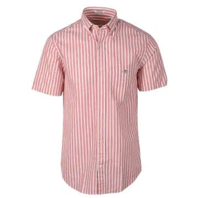 Gant Regular Fit Striped Cotton Linen Short Sleeve Shirt In Pink
