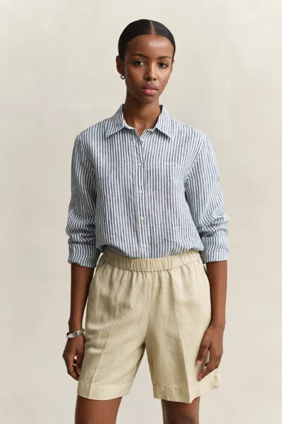Gant Regular Fit Striped Linen Shirt In Blue