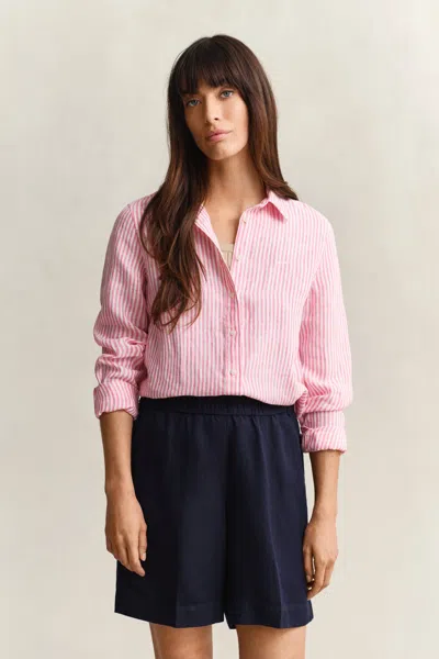 Gant Regular Fit Striped Linen Shirt In Pink