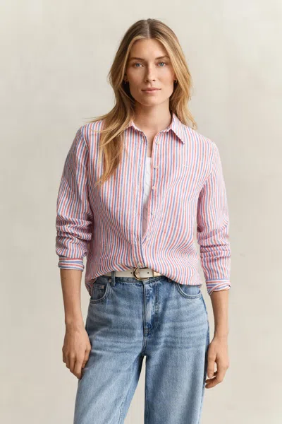 Gant Regular Fit Striped Linen Shirt In Pink