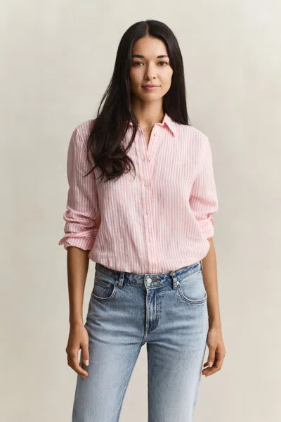 Gant Regular Fit Striped Linen Shirt In Pink