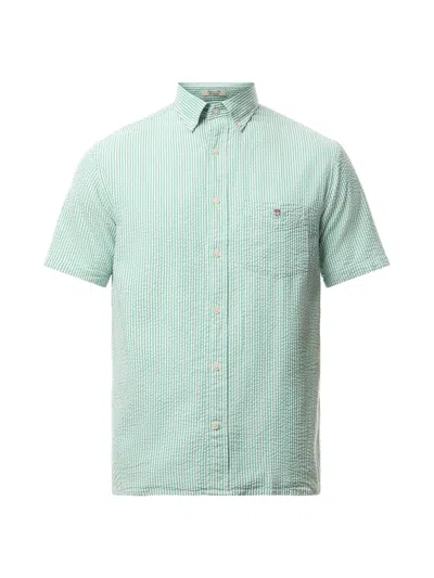 Gant Shield Logo Short Sleeve Seersucker Striped Shirt In Green