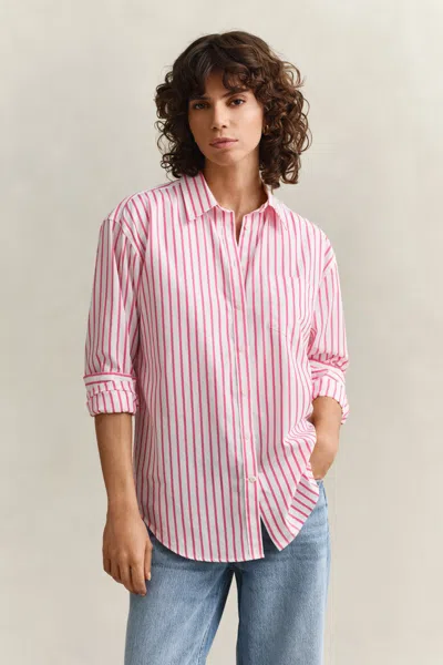 Gant Relaxed Fit Classic Striped Poplin Shirt In Pink