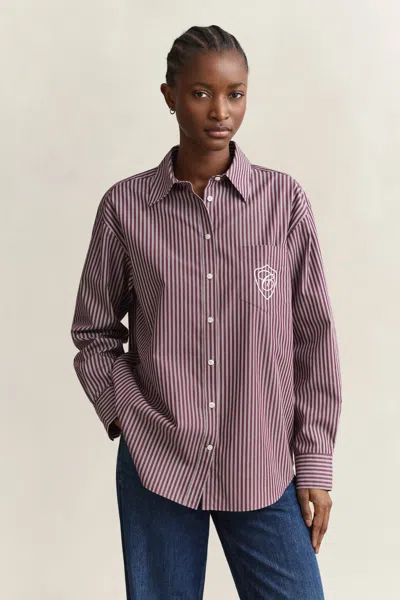 Gant Relaxed Fit Striped Classic Poplin Shirt In Burgundy
