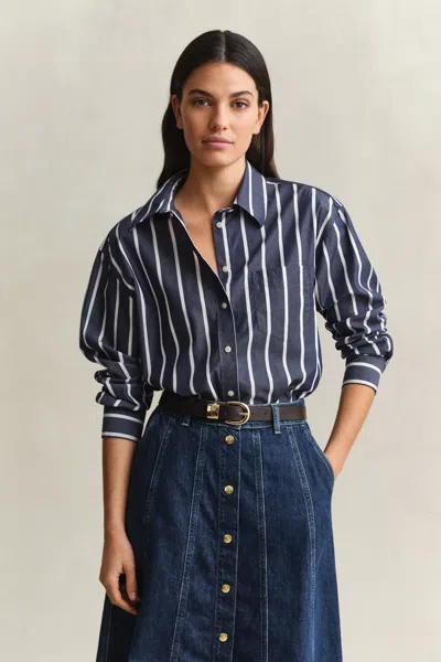 Gant Relaxed Fit Striped Classic Poplin Shirt In Blue
