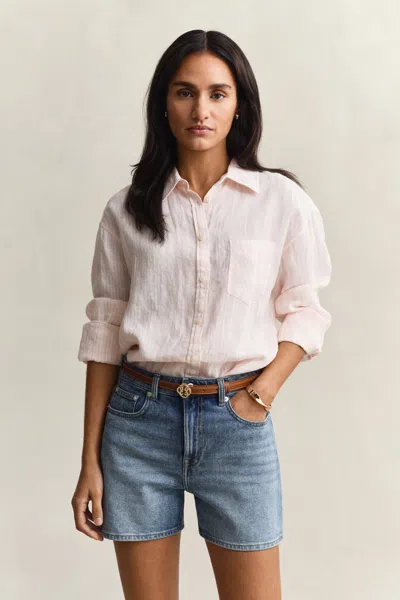 Gant Relaxed Fit Striped Linen Shirt In Pink