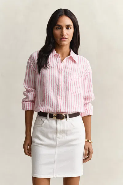 Gant Relaxed Fit Striped Linen Shirt In Pink