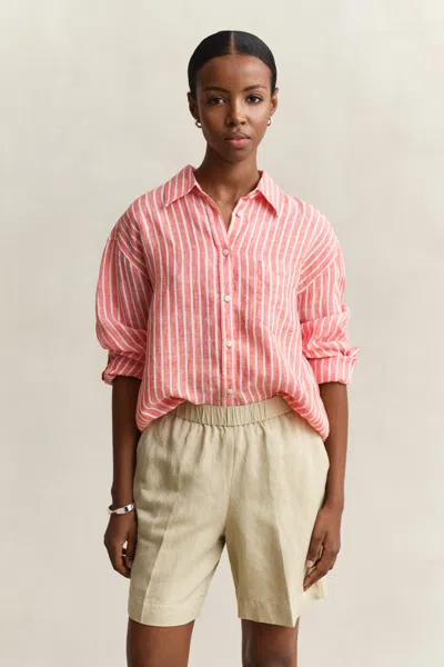 Gant Relaxed Fit Striped Linen Shirt In Red
