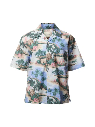 Gant Resort Island Print Short Sleeve Shirt In Blue