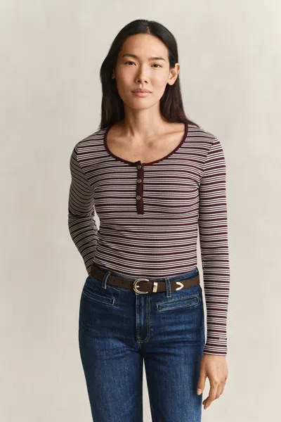 Gant Ribbed Long Sleeve Henley Top In Darkened Wine