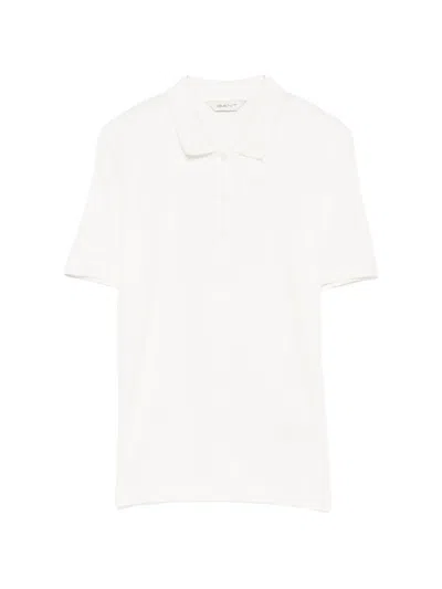 Gant Ribbed-knit Logo-embroidered Polo Top In White