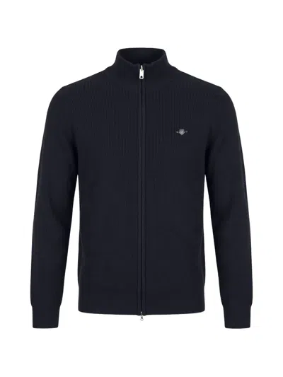 Gant Ribbed-knit Zip-up Cardigan In Black