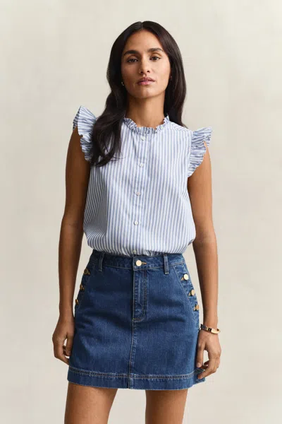 Gant Ruffled Striped Cotton Blouse In Blue