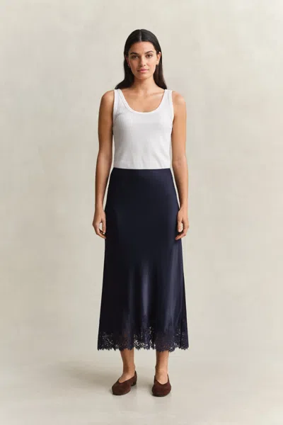 Gant Satin Lace Midi Skirt In Blue
