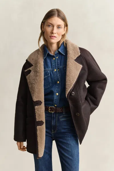Gant Shearling Jacket In Deep Brown