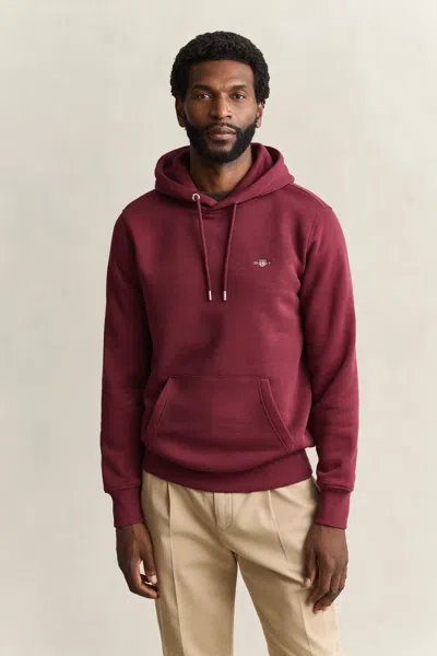 Gant Mens Regular Fit Shield Logo Pullover Hoodie In Burgundy