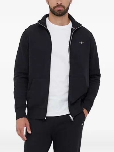Gant Shield Logo-embroidered Zip-neck Sweater In Black