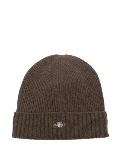 Gant Shield Logo-embroidered Beanie Hat In Brown