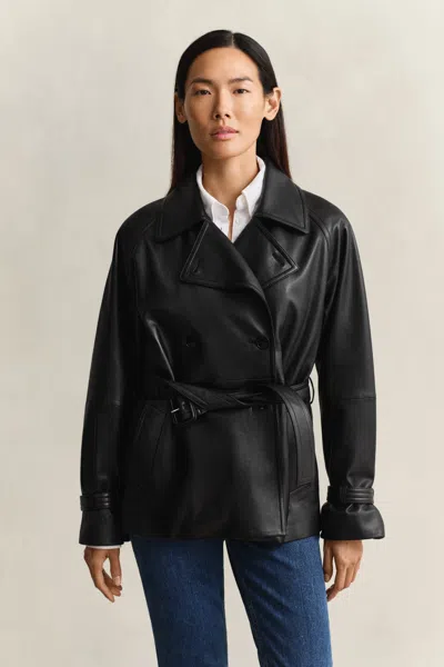 Gant Short Leather Trench Coat In Black