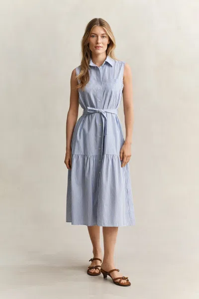 Gant Sleeveless Striped Cotton Dress In Blue
