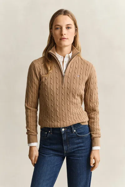 Gant Stretch Cable Knit Half-zip Sweater In Khaki