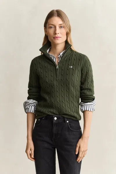 Gant Stretch Cable Knit Half-zip Sweater In Green