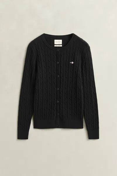 Gant Stretch Cotton Cable Knit Cardigan In Black