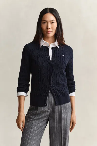 Gant Stretch Cotton Cable Knit Cardigan In Blue