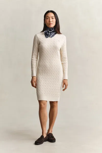 Gant Stretch Cotton Cable Knit Crew Neck Dress In Neutral