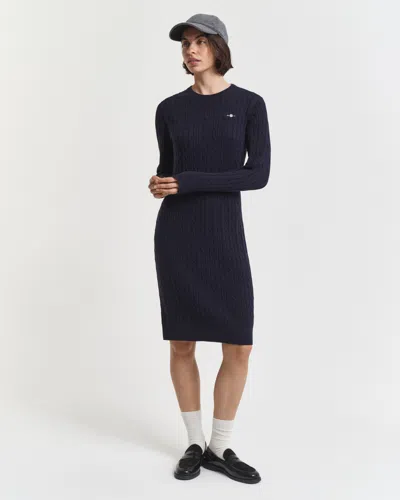 Gant Stretch Cotton Cable Knit Crew Neck Dress In Blue