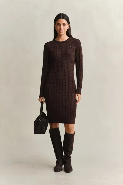 Gant Stretch Cotton Cable Knit Crew Neck Dress In Brown