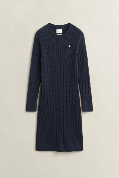 Gant Stretch Cotton Cable Knit Crew Neck Dress In Navy