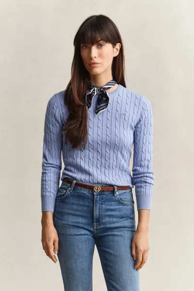Gant Stretch Cotton Cable Knit Crew Neck Sweater