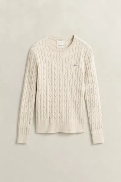 Gant Stretch Cotton Cable Knit Crew Neck Sweater
