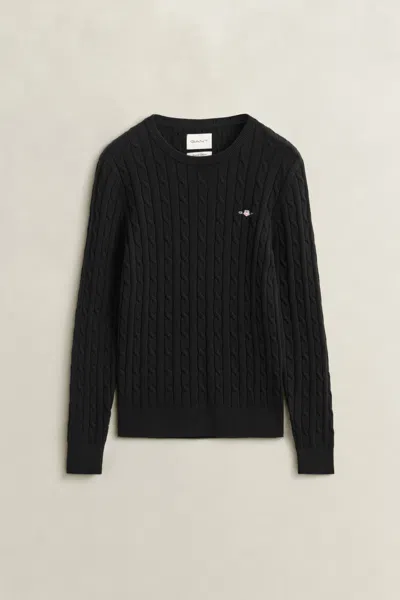 Gant Stretch Cotton Cable Knit Crew Neck Sweater In Black