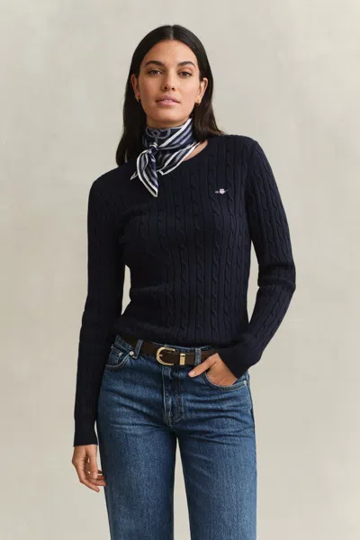 Gant Stretch Cotton Cable Knit Crew Neck Sweater In Blue