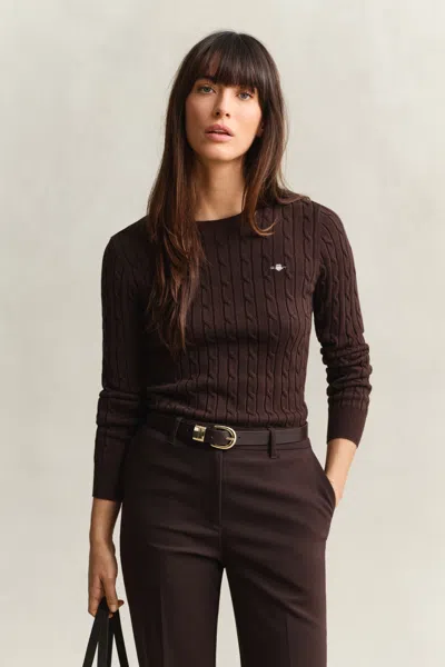 Gant Stretch Cotton Cable Knit Crew Neck Sweater In Brown